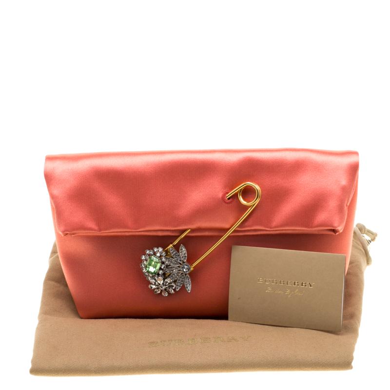 Burberry Peach Satin Crystal Embellished Pin Clutch 4