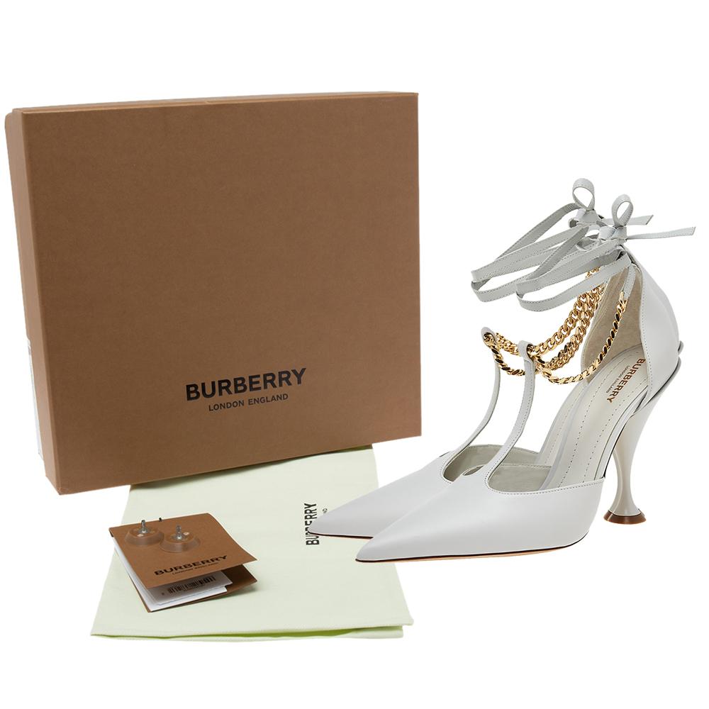 Burberry Pebble Grey Leather Welton Chain Detail T-Strap Ankle-Tie Pumps Size 36 3