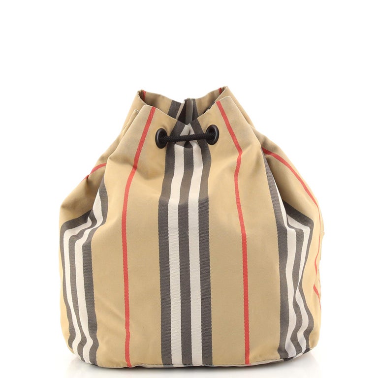 Burberry Phoebe Drawstring Pouch Icon Stripe E-Canvas Medium For Sale ...