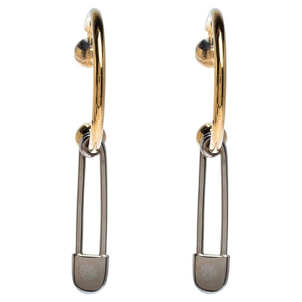 Burberry Pin Motif Two Tone Dangle Hoop Earrings
