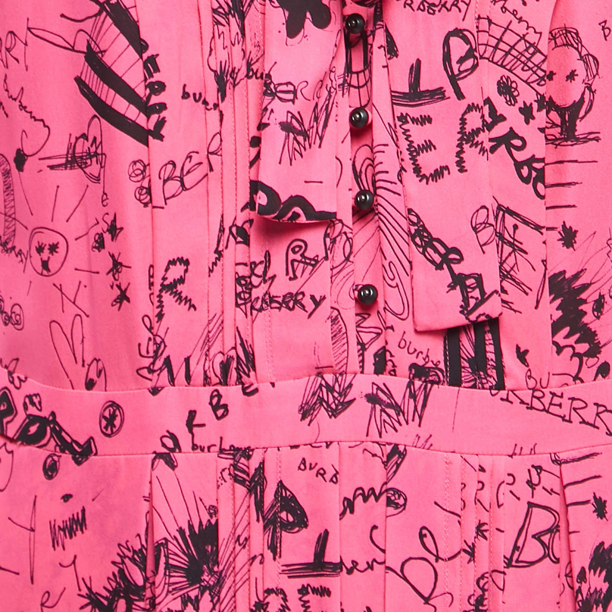 Burberry Pink Antonina Doodle Print Silk Neck Tie Detail Midi Dress L In Good Condition In Dubai, Al Qouz 2