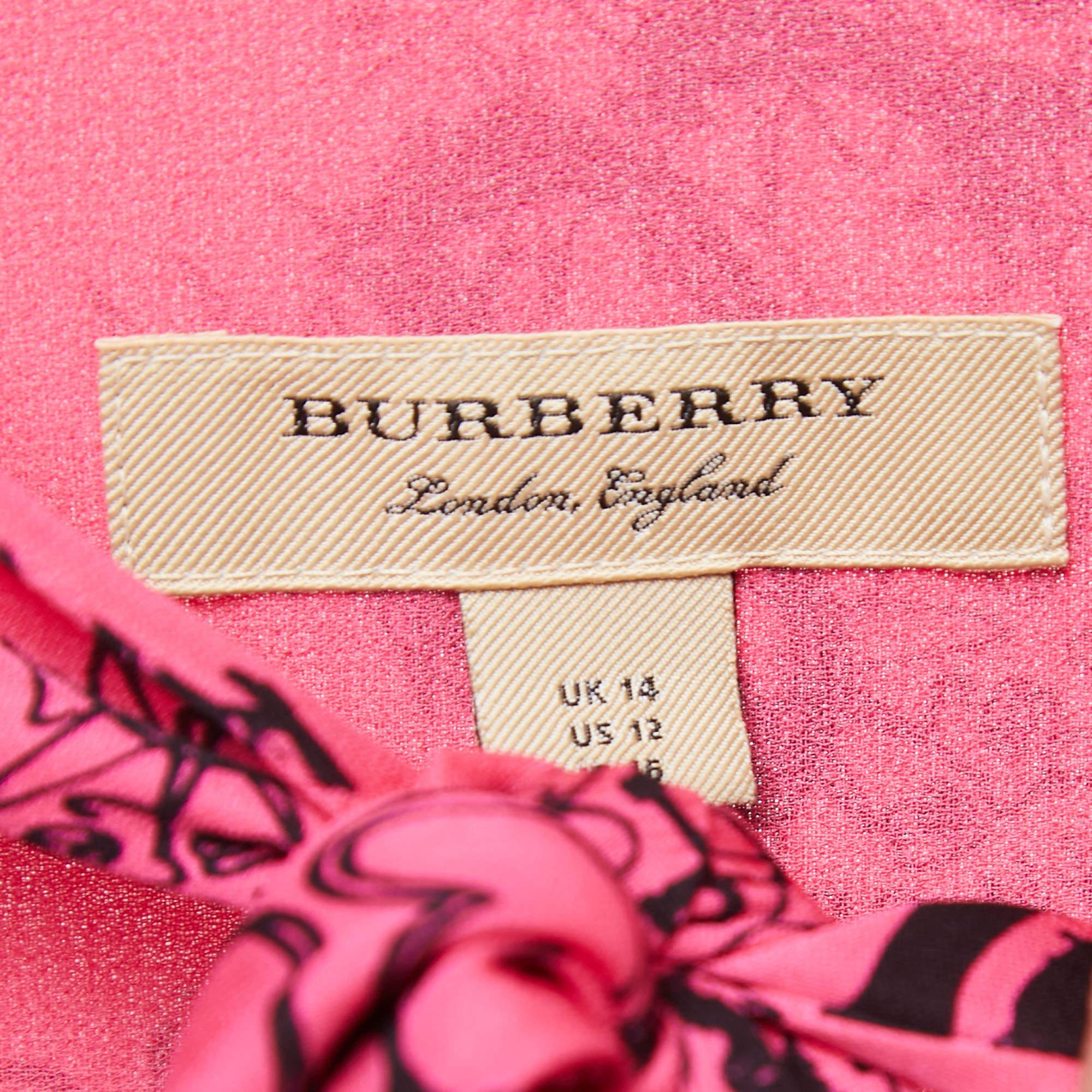 Women's Burberry Pink Antonina Doodle Print Silk Neck Tie Detail Midi Dress L