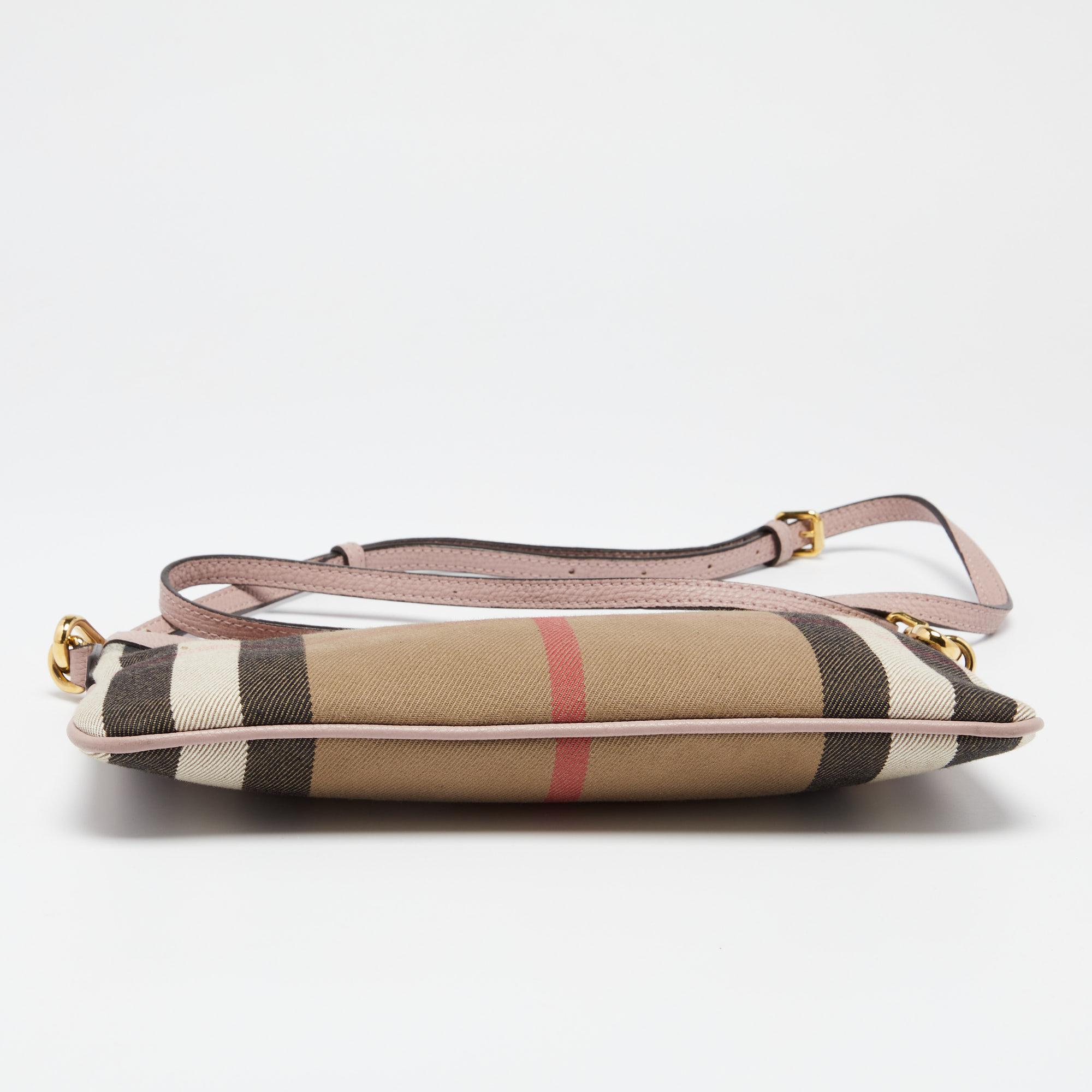 Brown Burberry Pink/Beige House Check Canvas and Leather Peyton Crossbody Bag