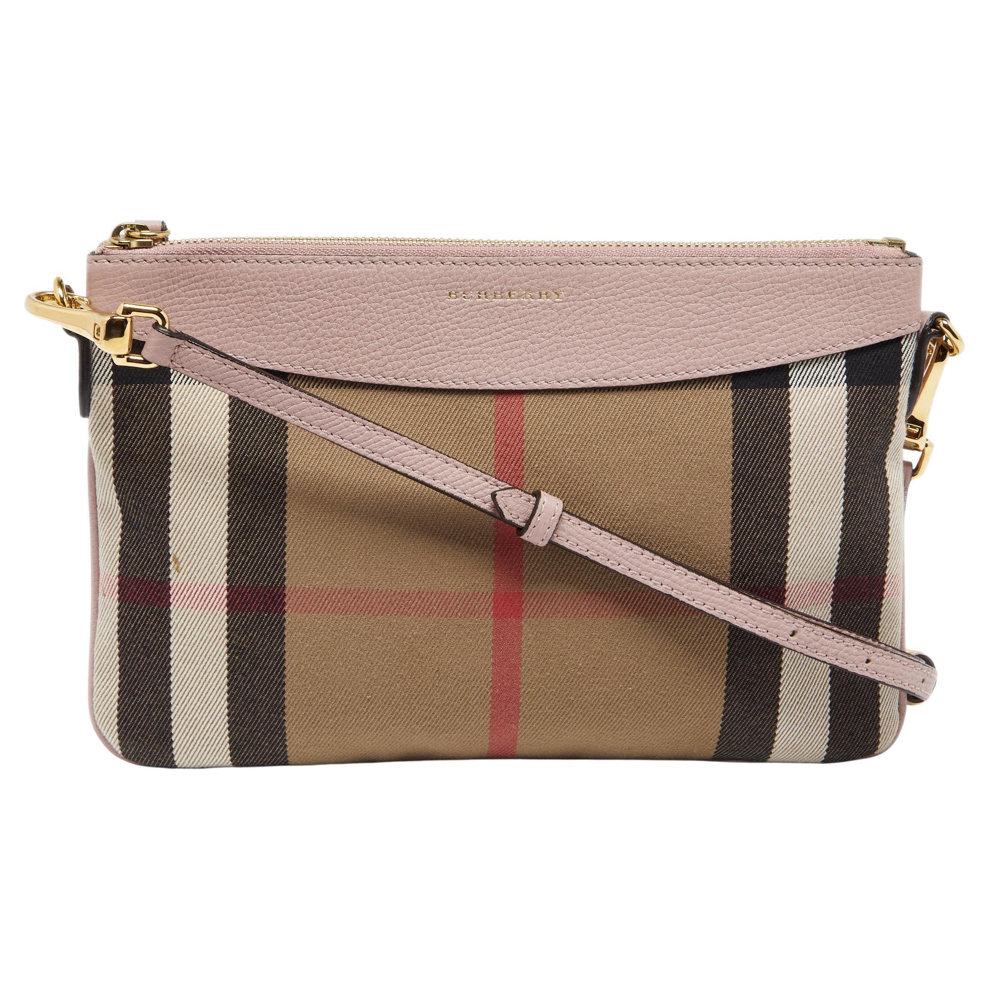 Burberry Pink/Beige House Check Canvas and Leather Peyton Crossbody Bag