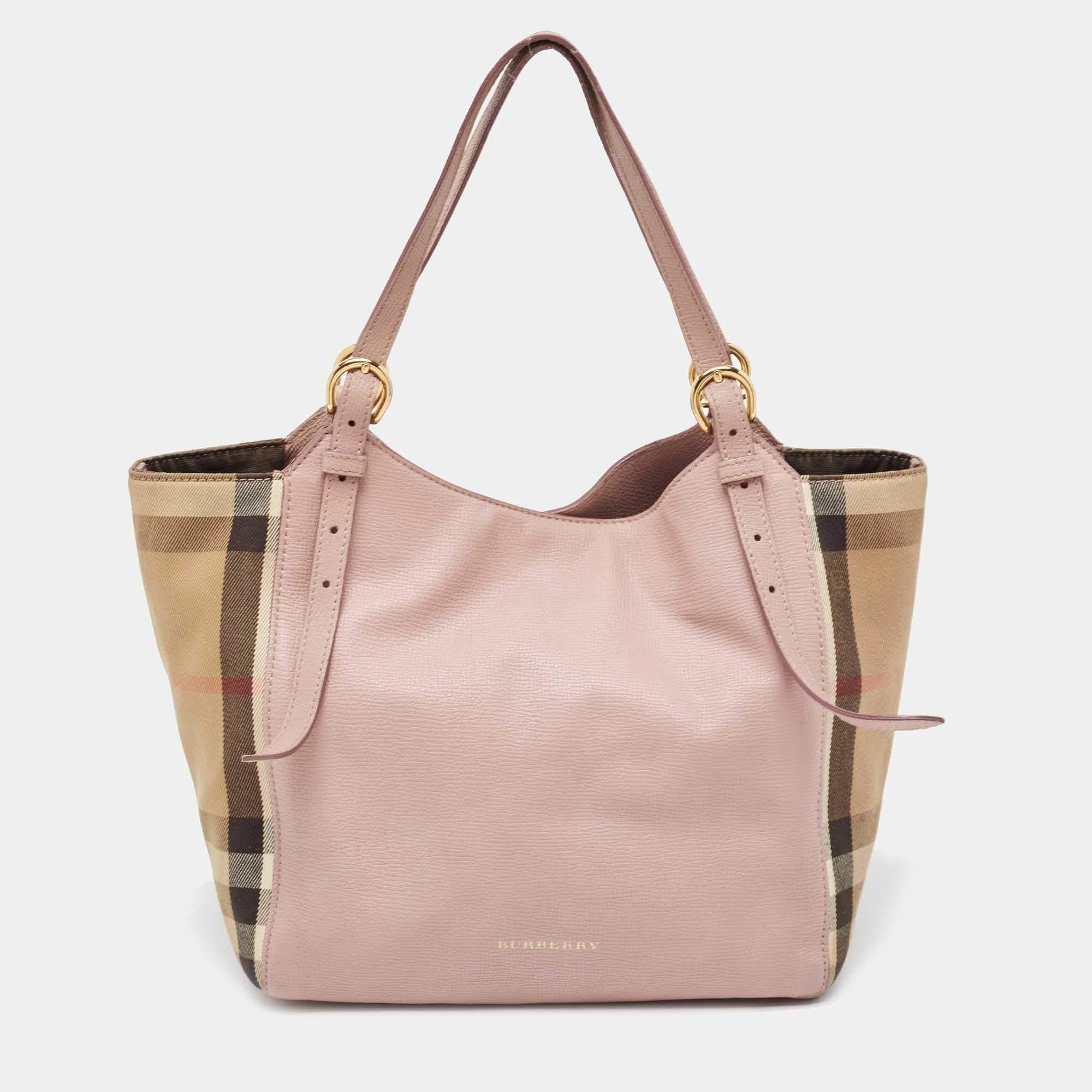 Burberry Pink/Beige House Check Fabric and Leather Small Canterbury Tote For Sale 6