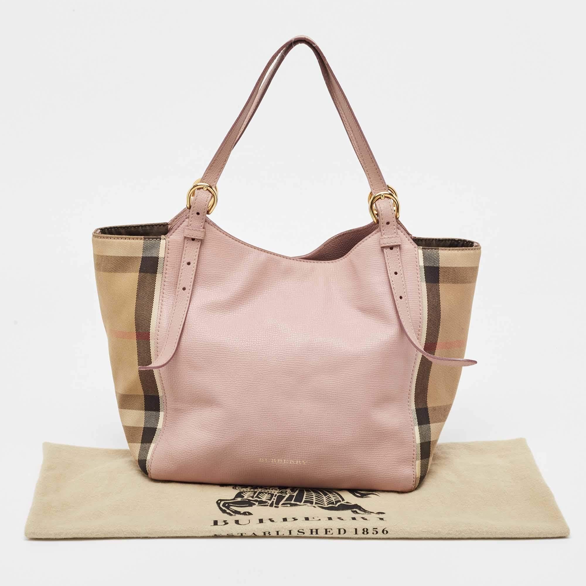 Burberry Pink/Beige House Check Fabric and Leather Small Canterbury Tote For Sale 11