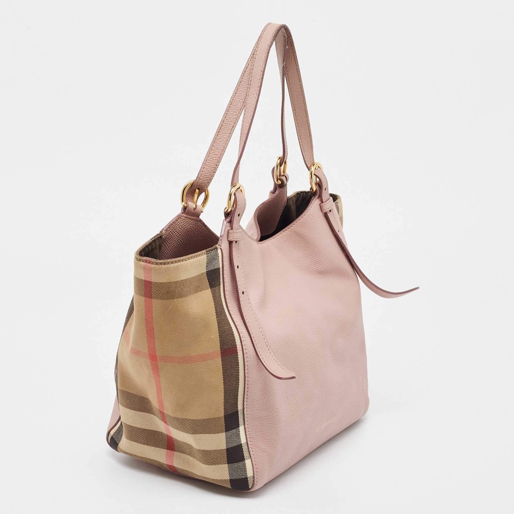 Women's Burberry Pink/Beige House Check Fabric and Leather Small Canterbury Tote For Sale