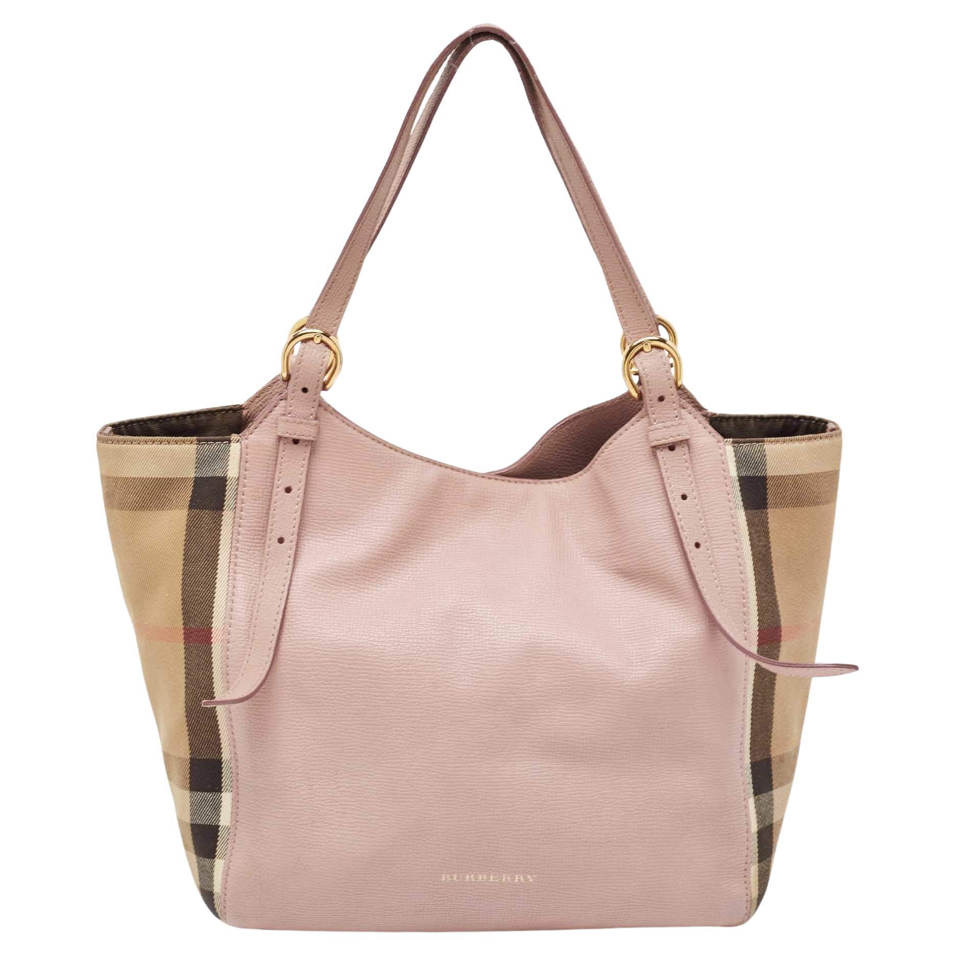 Burberry Pink/Beige House Check Fabric and Leather Small Canterbury Tote For Sale