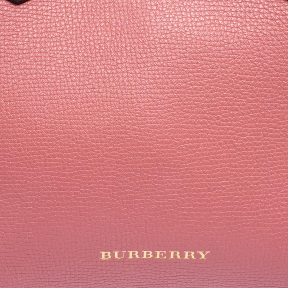 Burberry Pink/Beige Leather and House Check Canvas Small Banner Tote 8