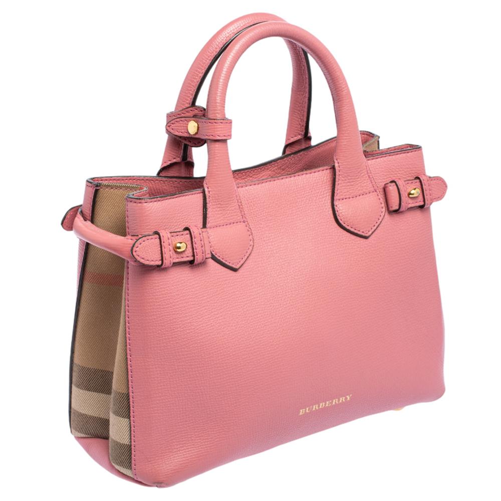 Burberry Pink/Beige Leather and House Check Canvas Small Banner Tote In Good Condition In Dubai, Al Qouz 2