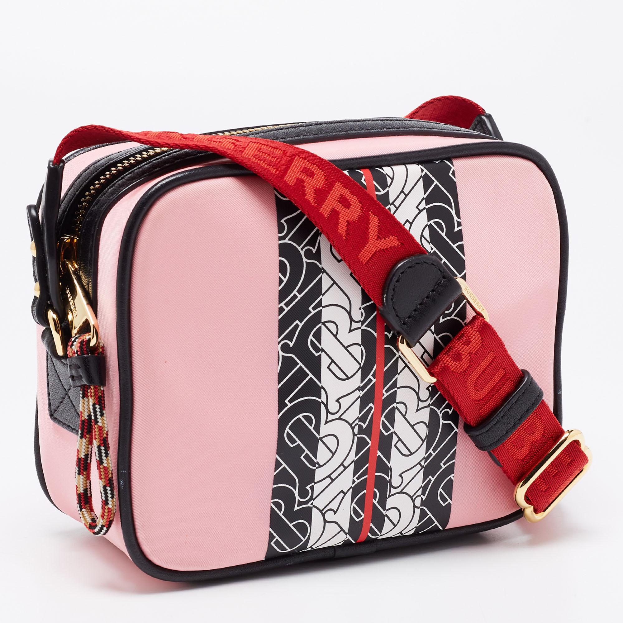 Burberry Pink/Black TB Print Nylon and Leather Camera Bag In Good Condition In Dubai, Al Qouz 2