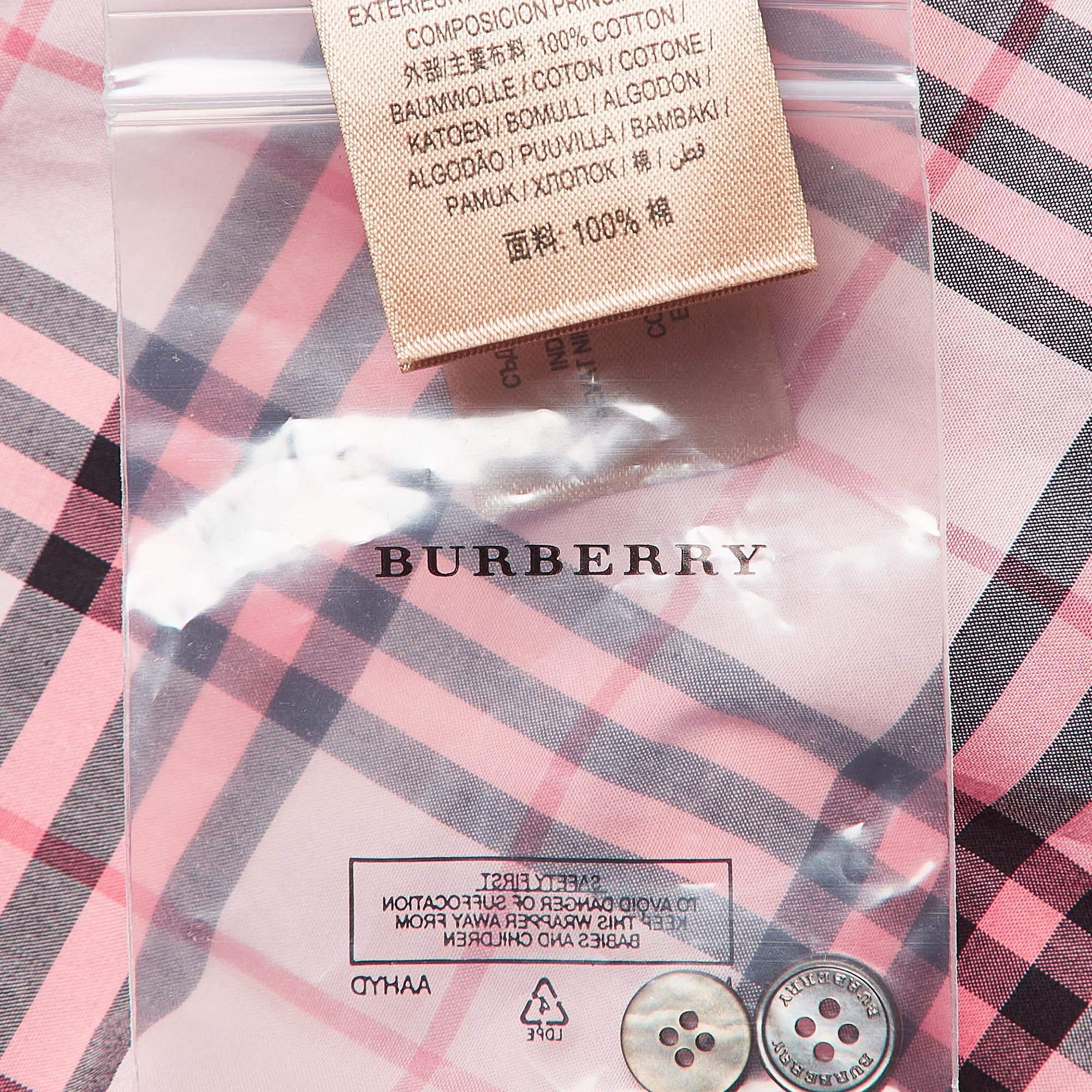 Burberry Pink Checked Lace Trimmed Cotton Belted Shirt Dress M In Excellent Condition For Sale In Dubai, Al Qouz 2