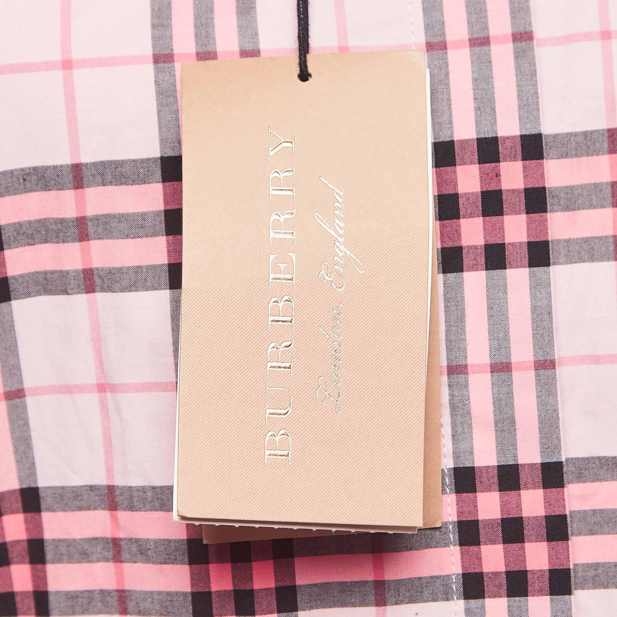 Burberry Pink Checked Lace Trimmed Cotton Belted Shirt Dress M For Sale 1