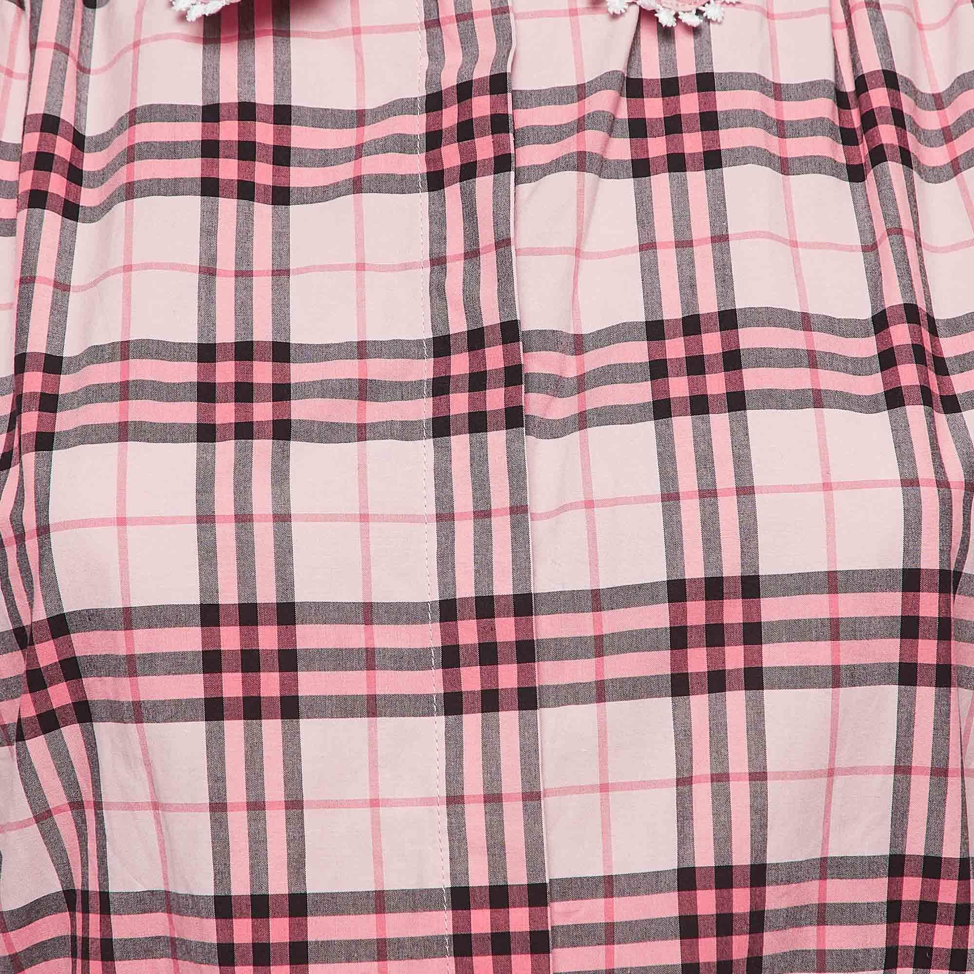 Burberry Pink Checked Lace Trimmed Cotton Belted Shirt Dress M For Sale 2