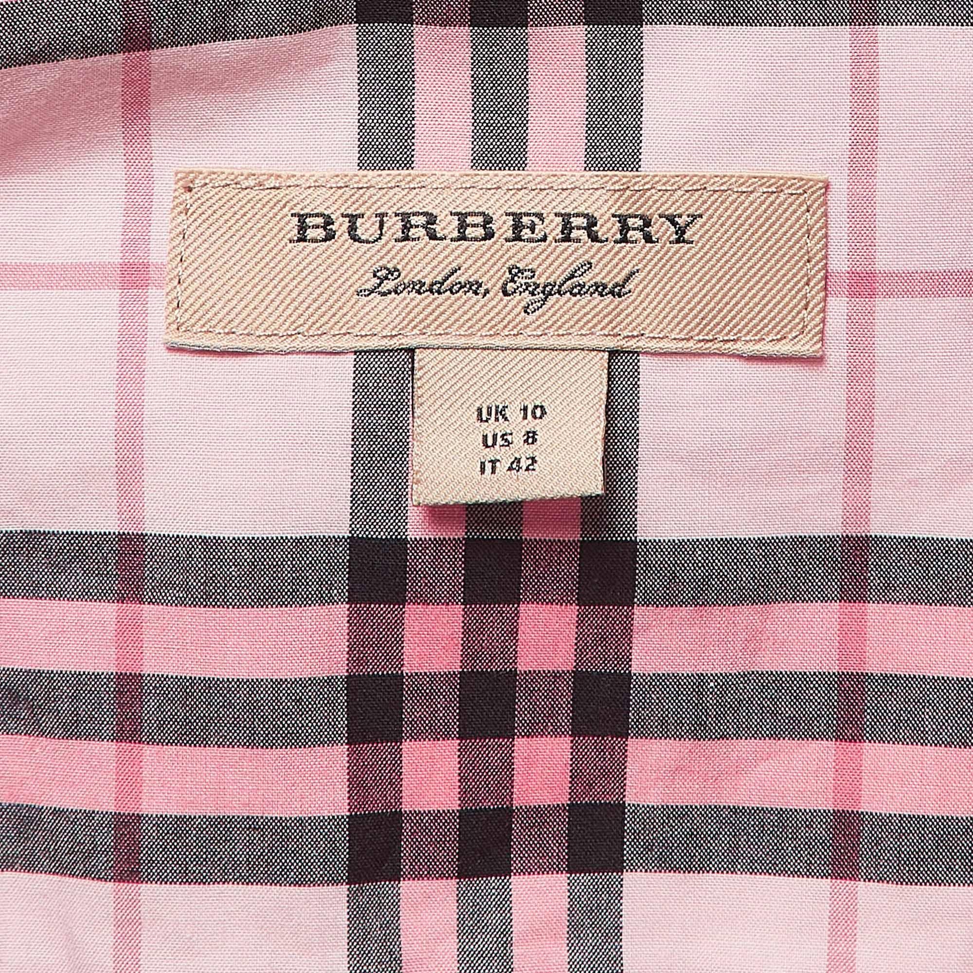 Burberry Pink Checked Lace Trimmed Cotton Belted Shirt Dress M For Sale 3