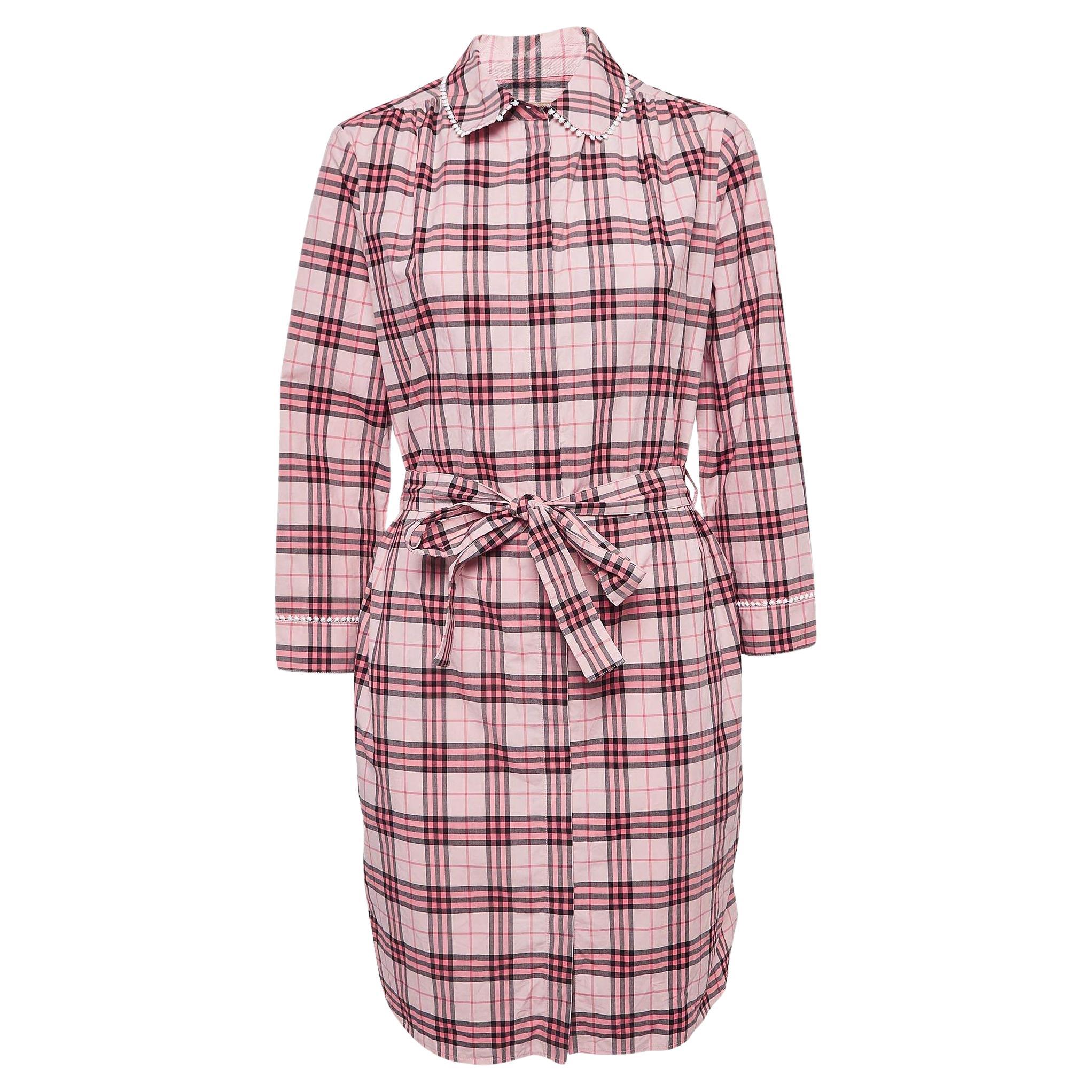Burberry Pink Checked Lace Trimmed Cotton Belted Shirt Dress M For Sale