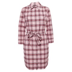 Burberry Pink Checked Lace Trimmed Cotton Belted Shirt Dress M