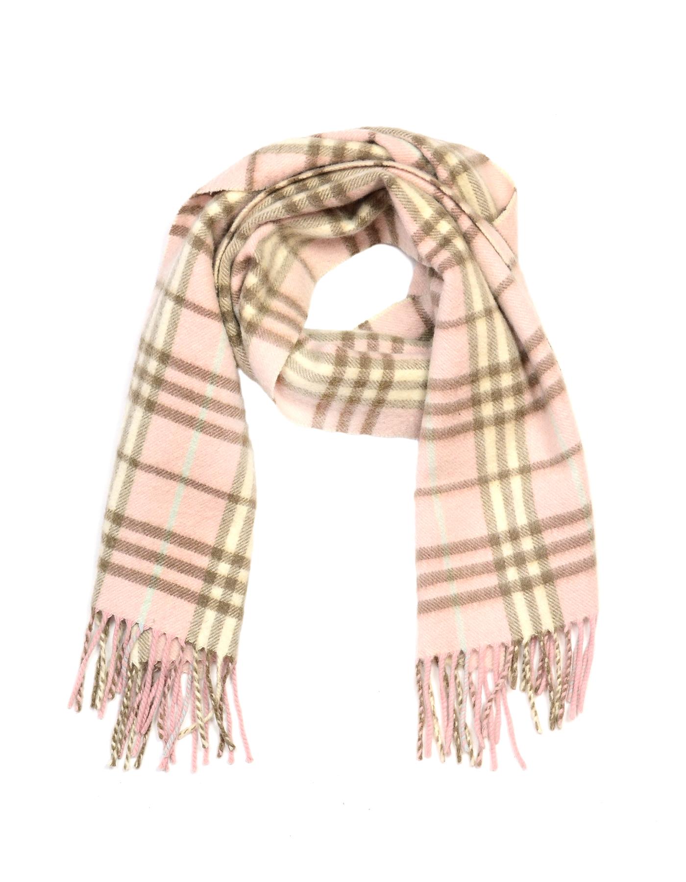 Burberry Pink/Cream/Brown Cashmere Scarf W/ Fringe

Made In: England
Color: Pink, cream, brown
Materials: 100% cashmere
Overall Condition: Excellent pre-owned condition 

Measurements: 
11.9