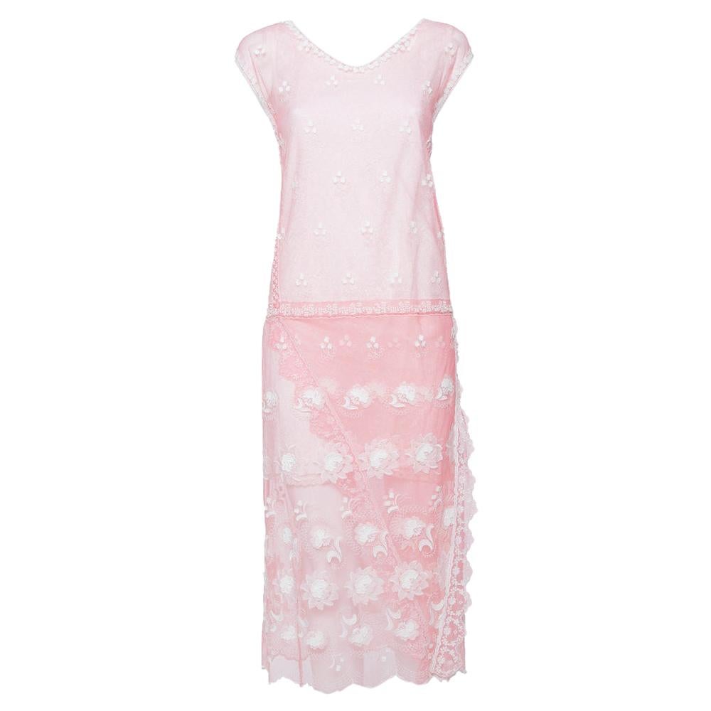 Burberry Pink Embroidered Lace Drop Waist Faux Wrap Dress M