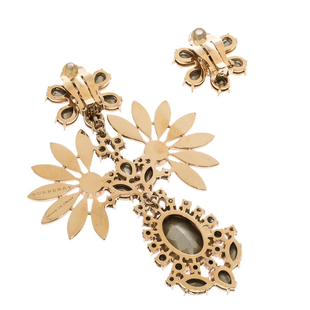 Contemporary Burberry Pink Flower Crystal Gold Tone Clip-on Asymmetric Stud Drop Earrings