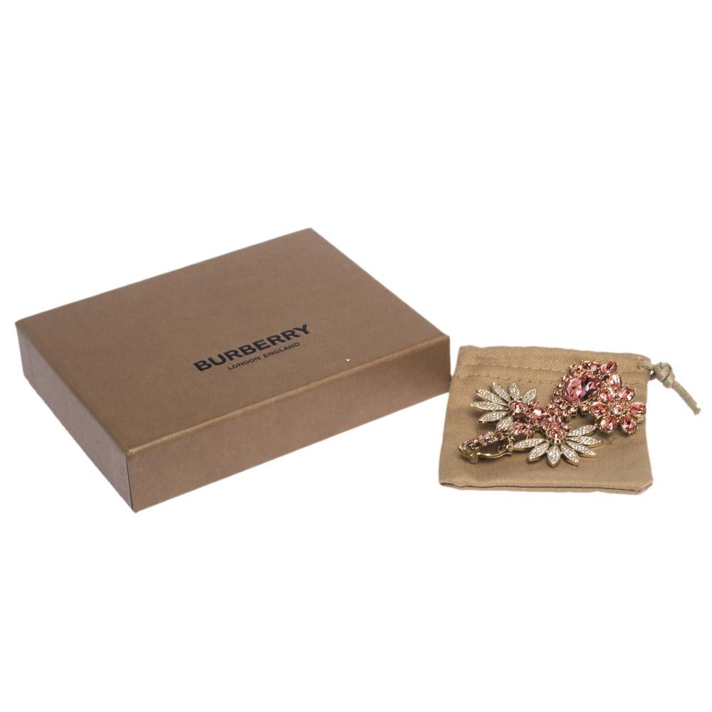 Women's Burberry Pink Flower Crystal Gold Tone Clip-on Asymmetric Stud Drop Earrings