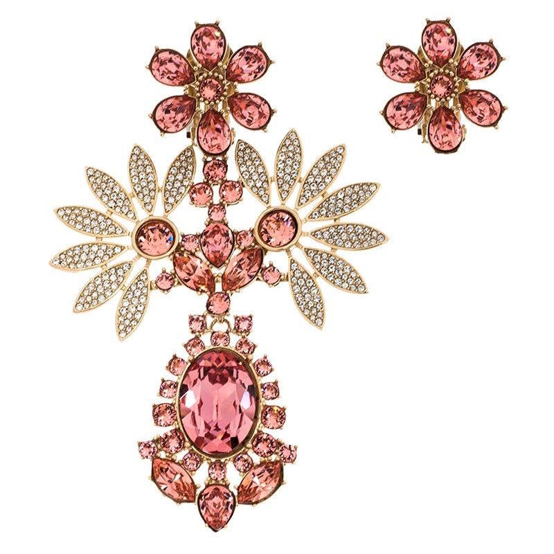 Burberry Pink Flower Crystal Gold Tone Clip-on Asymmetric Stud Drop Earrings