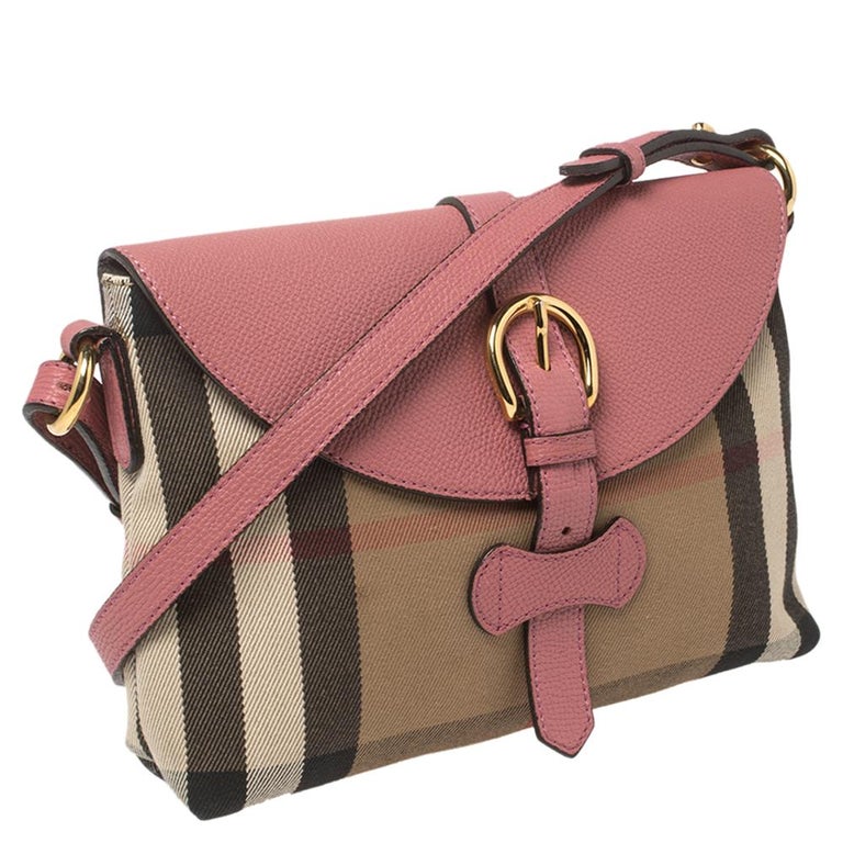 Burberry Pink Leather And Beige House Check Canvas Milton
