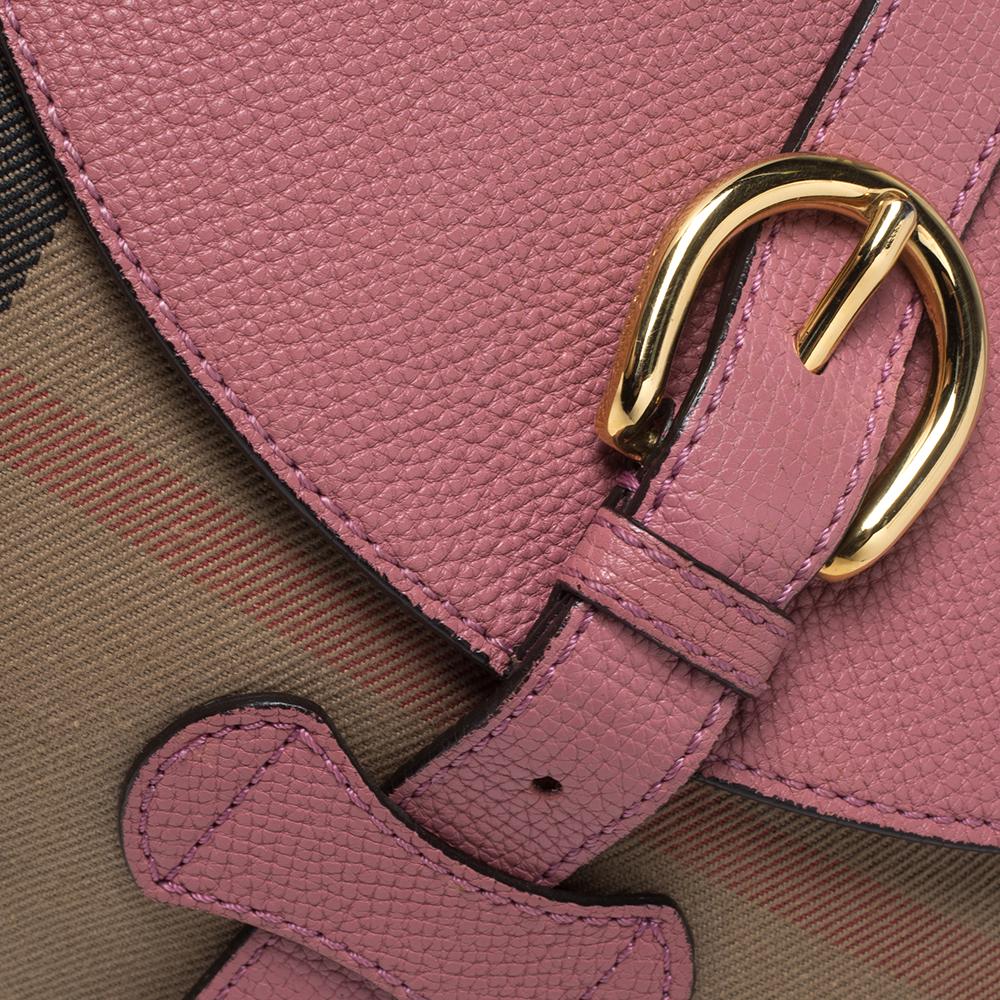 Brown Burberry Pink Leather And Beige House Check Canvas Milton Crossbody Bag