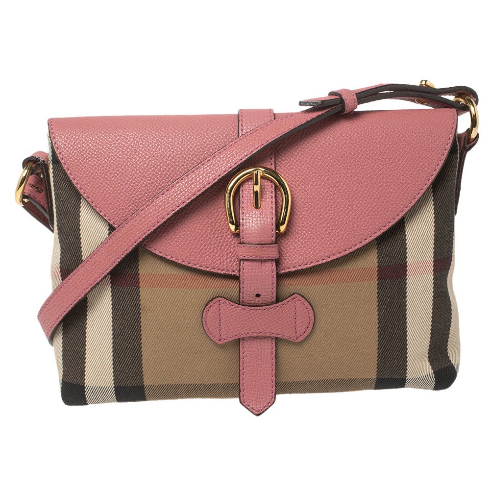 Burberry Umhängetasche Milton aus rosafarbenem Leder und beigefarbenem Segeltuch mit Hauskaros