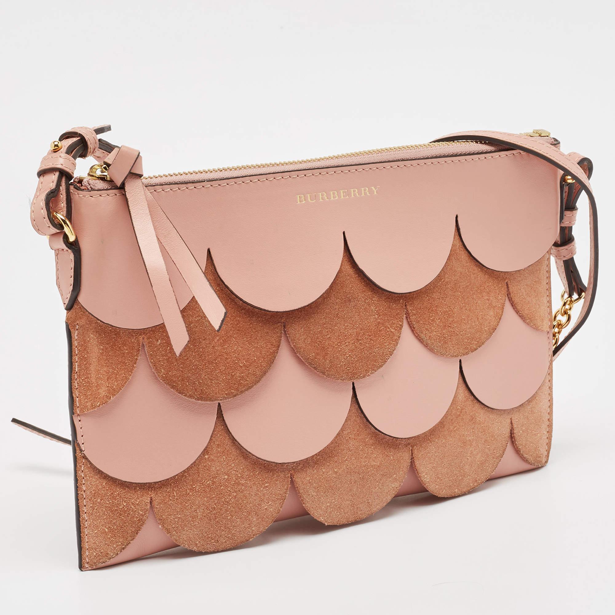 Brown Burberry Pink Leather and Suede Peyton Scalloped Crossbody Bag
