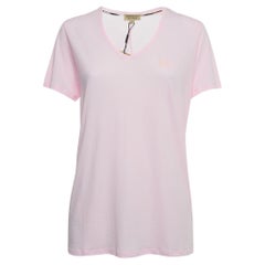 Burberry Pink Logo Embroidered Cotton V-Neck T-Shirt L