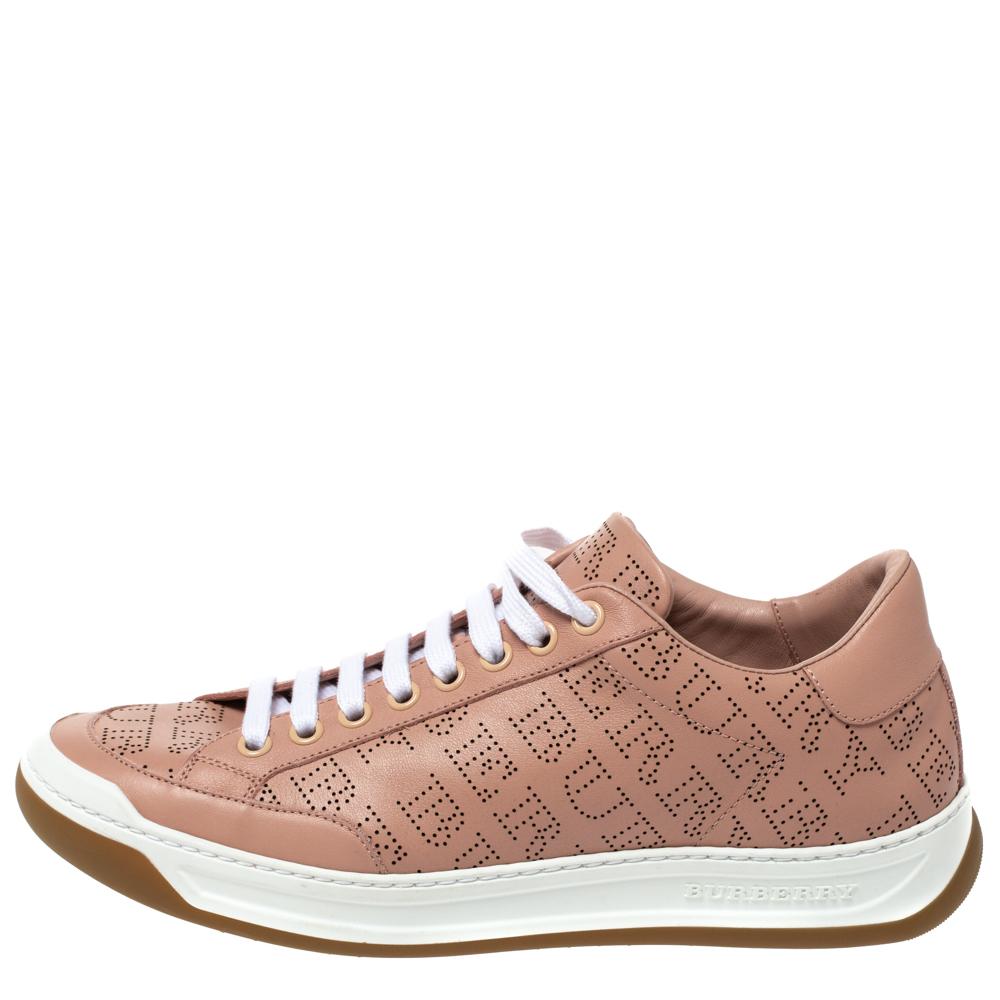 Burberry Pink Perforated Check Leather Westford Low Top Sneakers Size 38.5 In New Condition In Dubai, Al Qouz 2