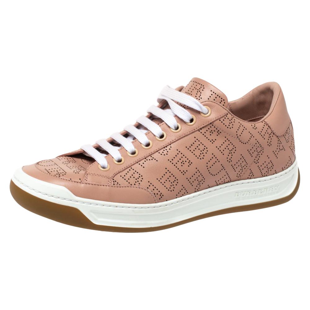 Burberry Pink Perforated Check Leather Westford Low Top Sneakers Size 38.5