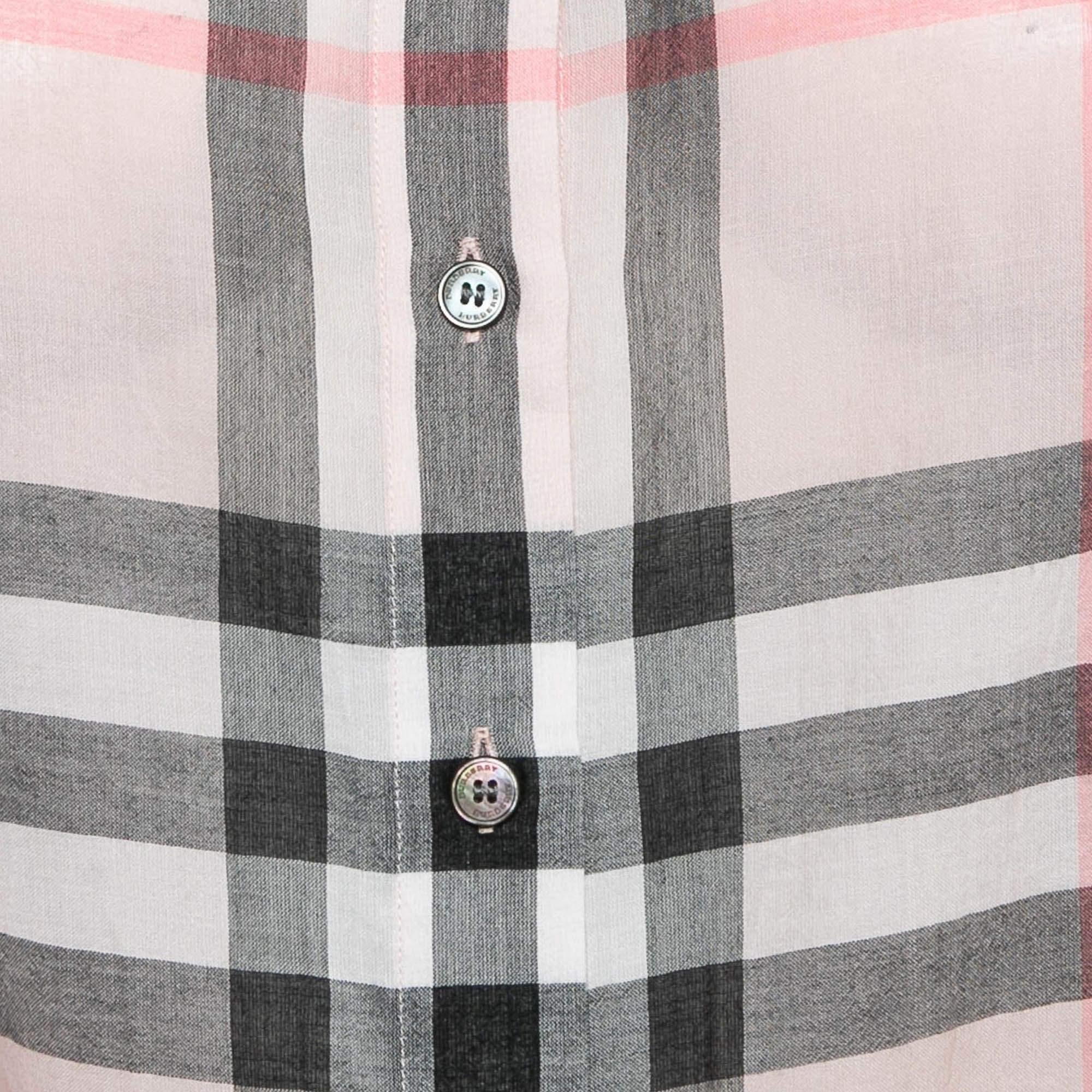Gray Burberry Pink Plaid Cotton Puff Sleeves Ruffled Button Front Top S