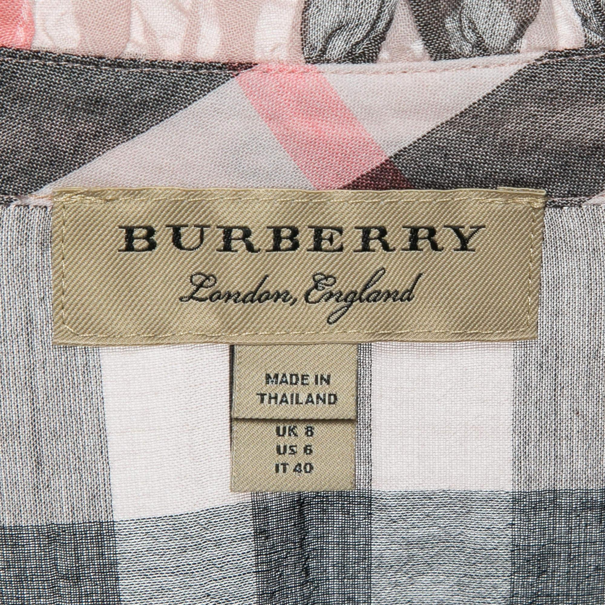 Burberry Pink Plaid Cotton Puff Sleeves Ruffled Button Front Top S In Excellent Condition In Dubai, Al Qouz 2