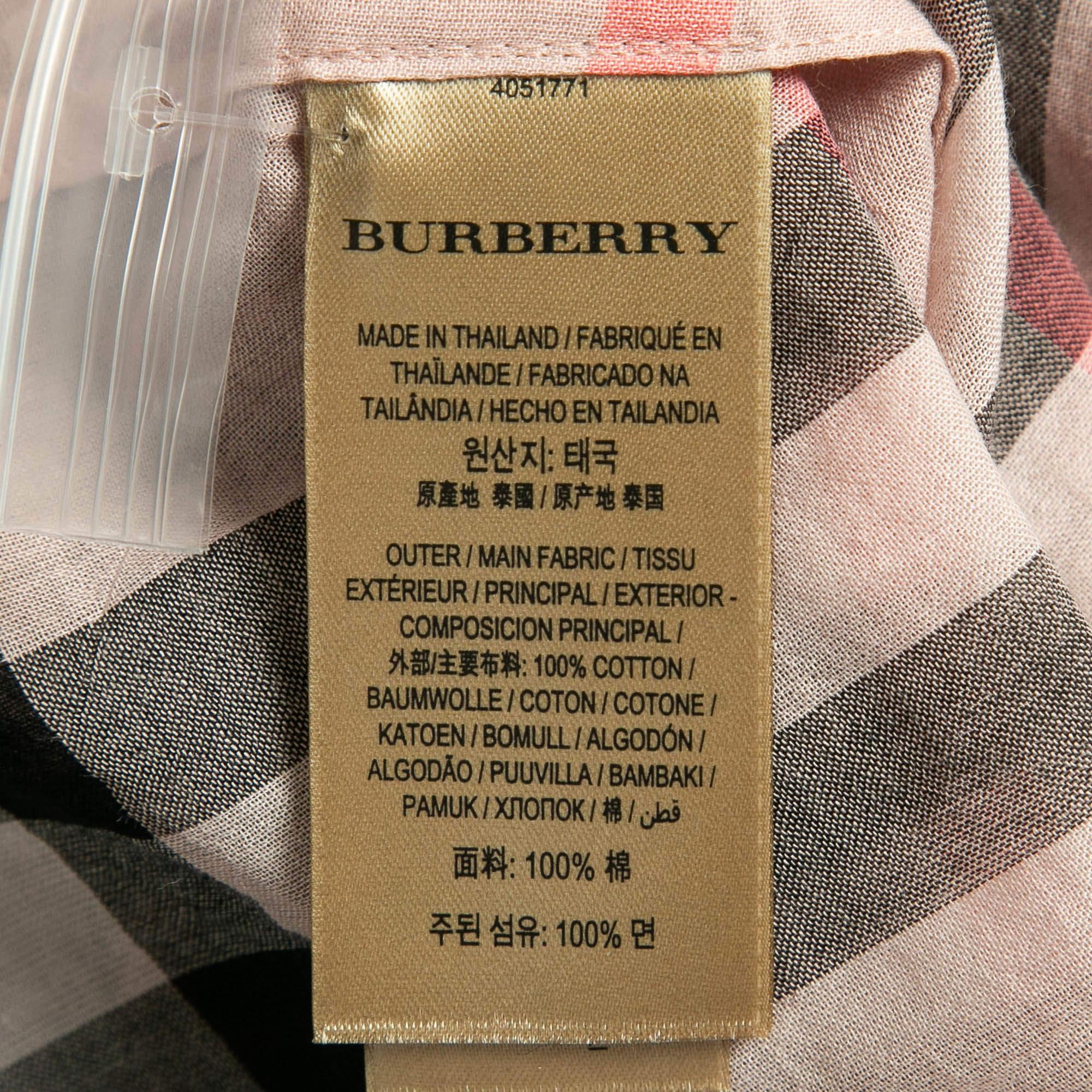 Women's Burberry Pink Plaid Cotton Puff Sleeves Ruffled Button Front Top S