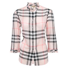 Burberry Pink Plaid Cotton Puff Sleeves Ruffled Button Front Top S