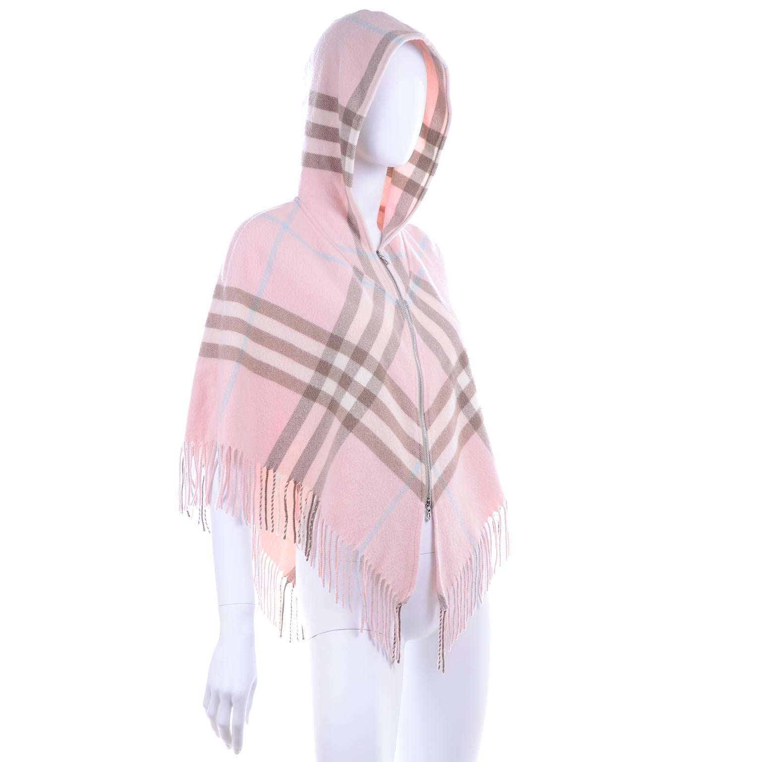 Beige Burberry Pink Plaid Poncho in Cashmere & Wool with Hood