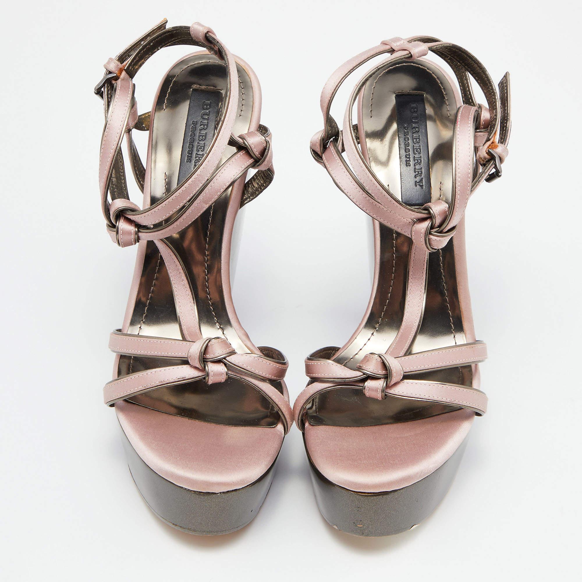Gray Burberry Pink Satin Ankle Wrap Wedge Sandals Size 40 For Sale