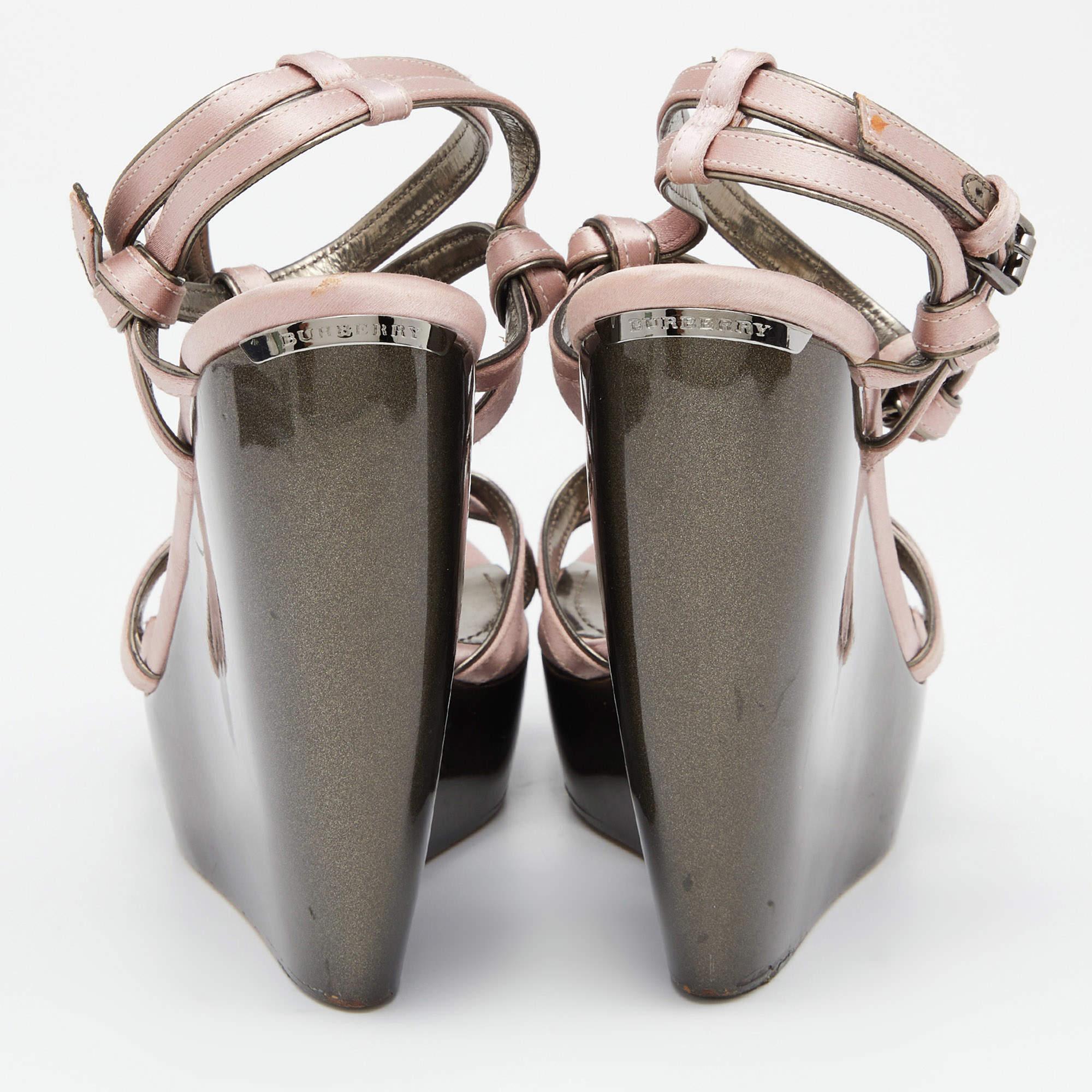 Women's Burberry Pink Satin Ankle Wrap Wedge Sandals Size 40 For Sale