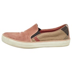 Used Burberry Pink Suede and Check Canvas Gauden Sneakers Size 36