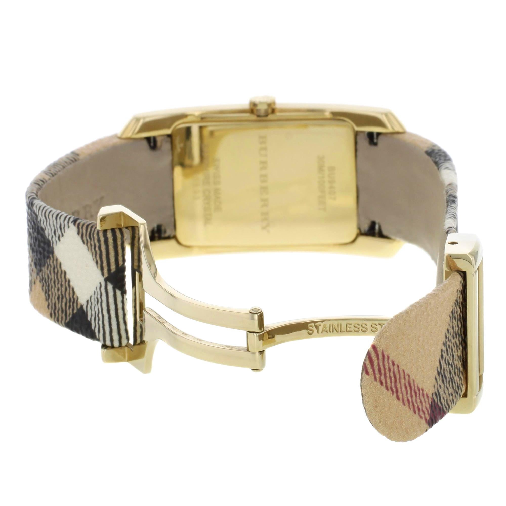 Burberry Pioner Silver Rectangle Dial Gold Tone Steel Quartz Ladies Watch BU9407 In Good Condition In New York, NY