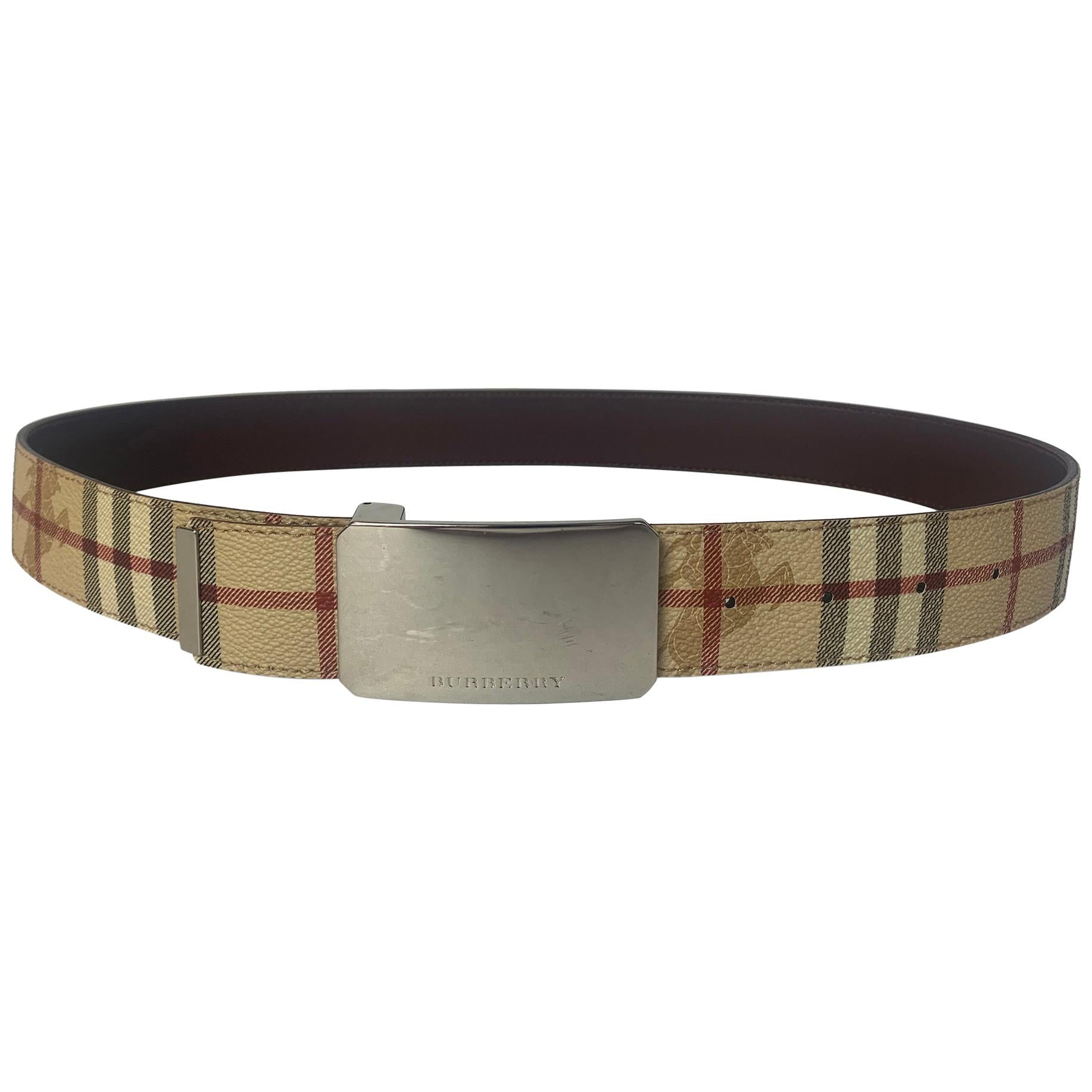 Burberry Plaid Check/Brown Leather Reversible Belt sz 30.5"-34.75"