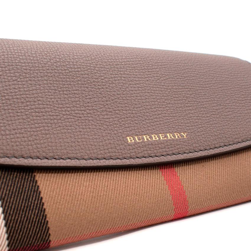 Burberry Porter Taupe Leather & House Check Canvas Long Wallet In Excellent Condition For Sale In London, GB