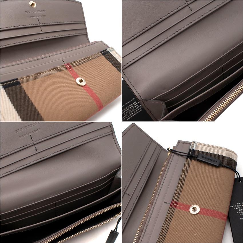 Burberry Porter Taupe Leather & House Check Canvas Long Wallet For Sale 2