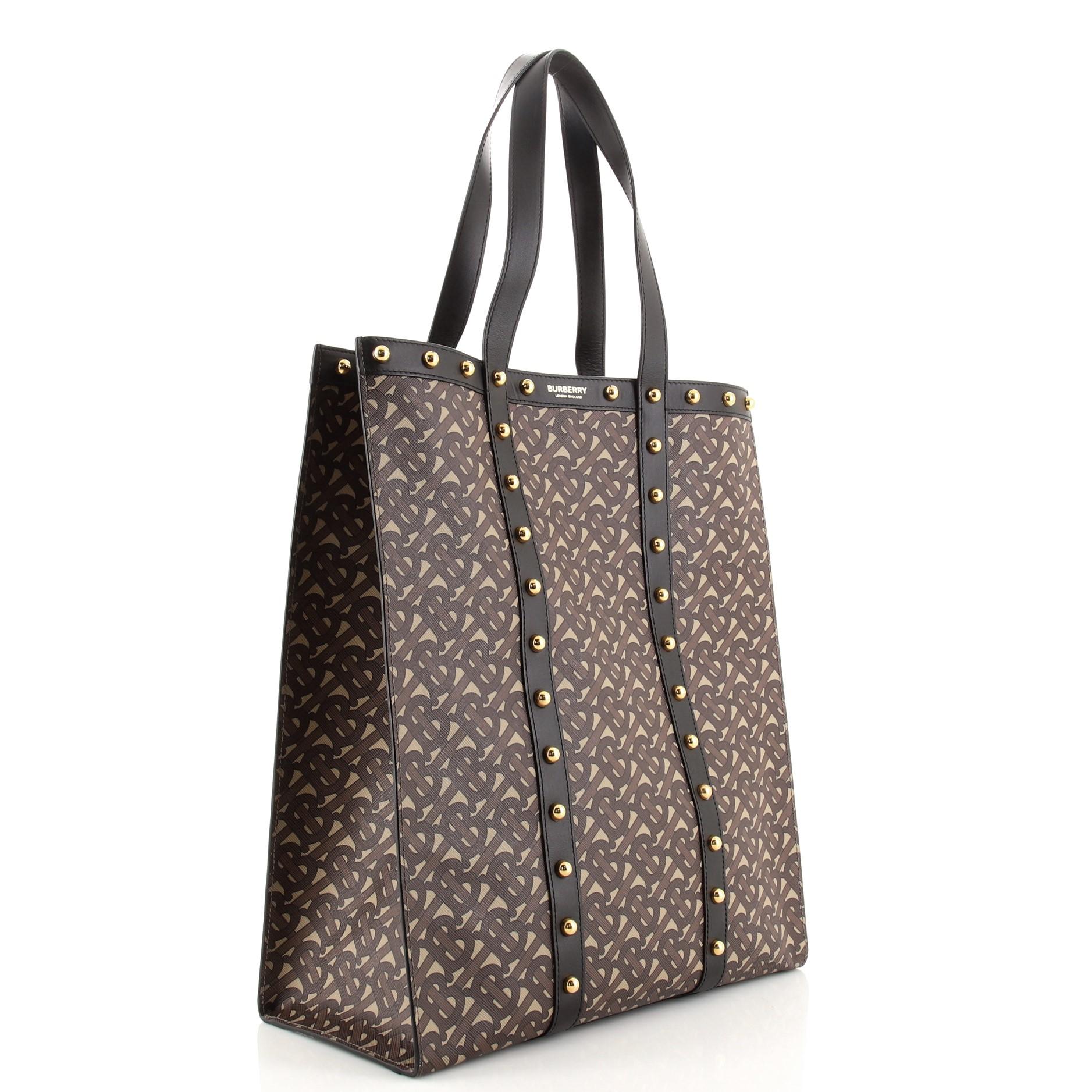 Black Burberry Portrait Tote Monogram Print E-Canvas with Studded Leather Medi
