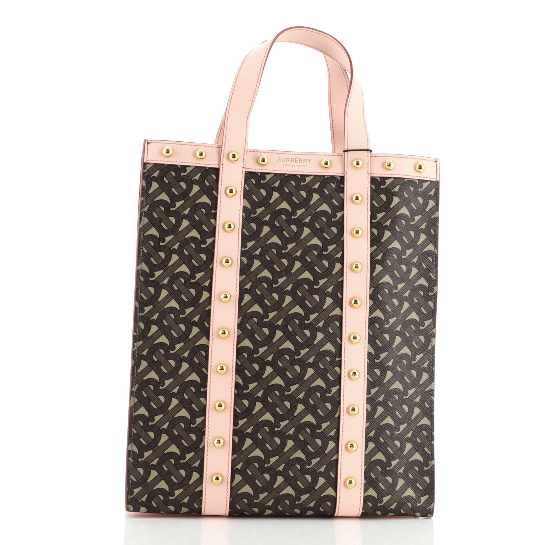 Black Burberry Portrait Tote Monogram Print E-Canvas with Studded Leather Small