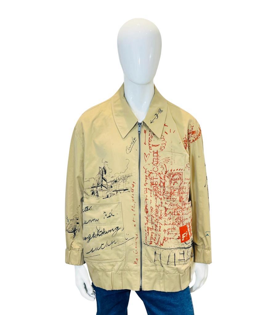 Burberry Postcard Print Cotton Harrington Jacket
Beige tropical gabardine jacket designed with postcard-inspired prints.
Detailed with signature vintage check and centre zip closure.
Featuring collared neckline, longline fit and three pockets to the
