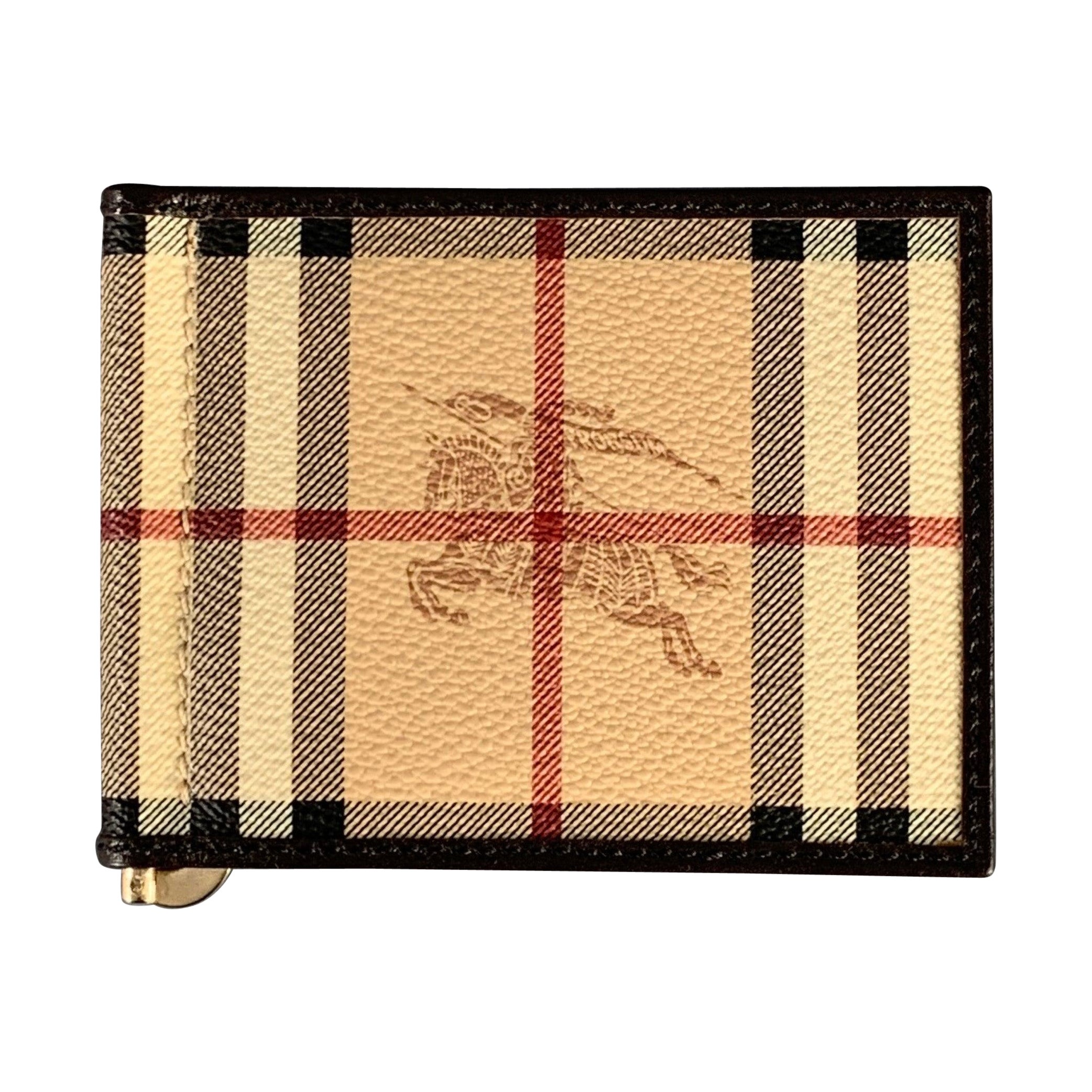 BURBERRY PRORSUM Beige Brown Plaid Pebble Grain Leather Wallet For Sale