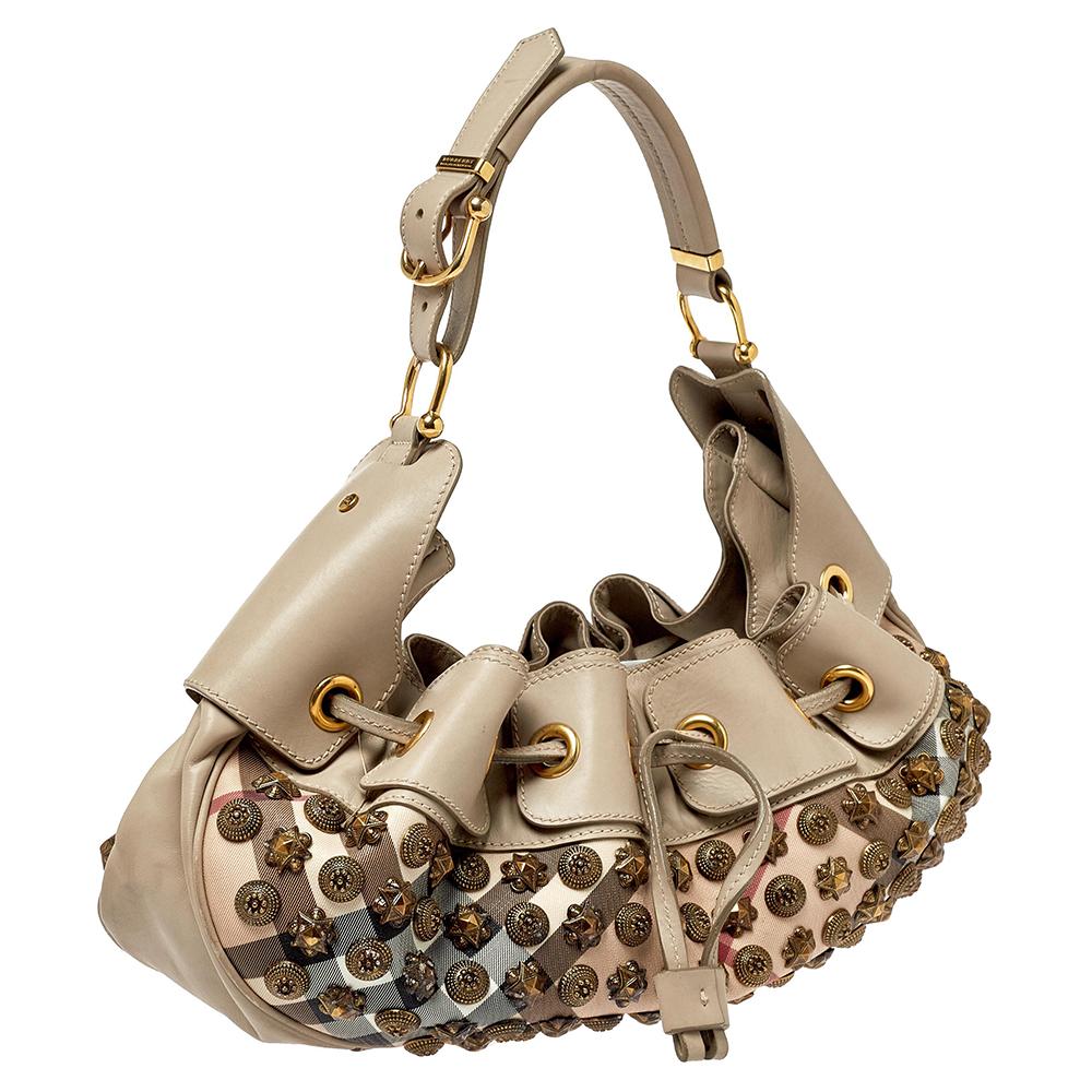 Women's Burberry Prorsum Beige Leather and Canvas Studded Mason Warrior Hobo